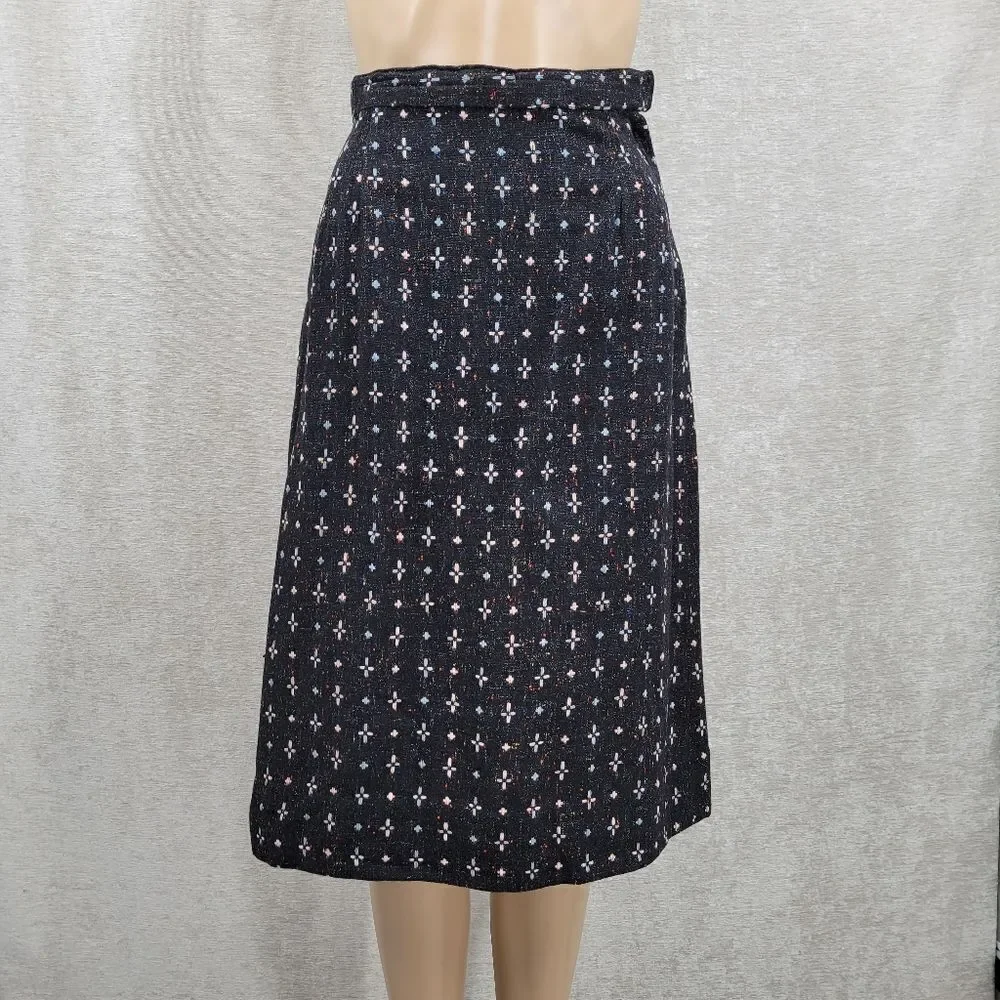 60s Vintage Handmade Tailored Wool Matching Skirt Suit Set Black with Pink Blue